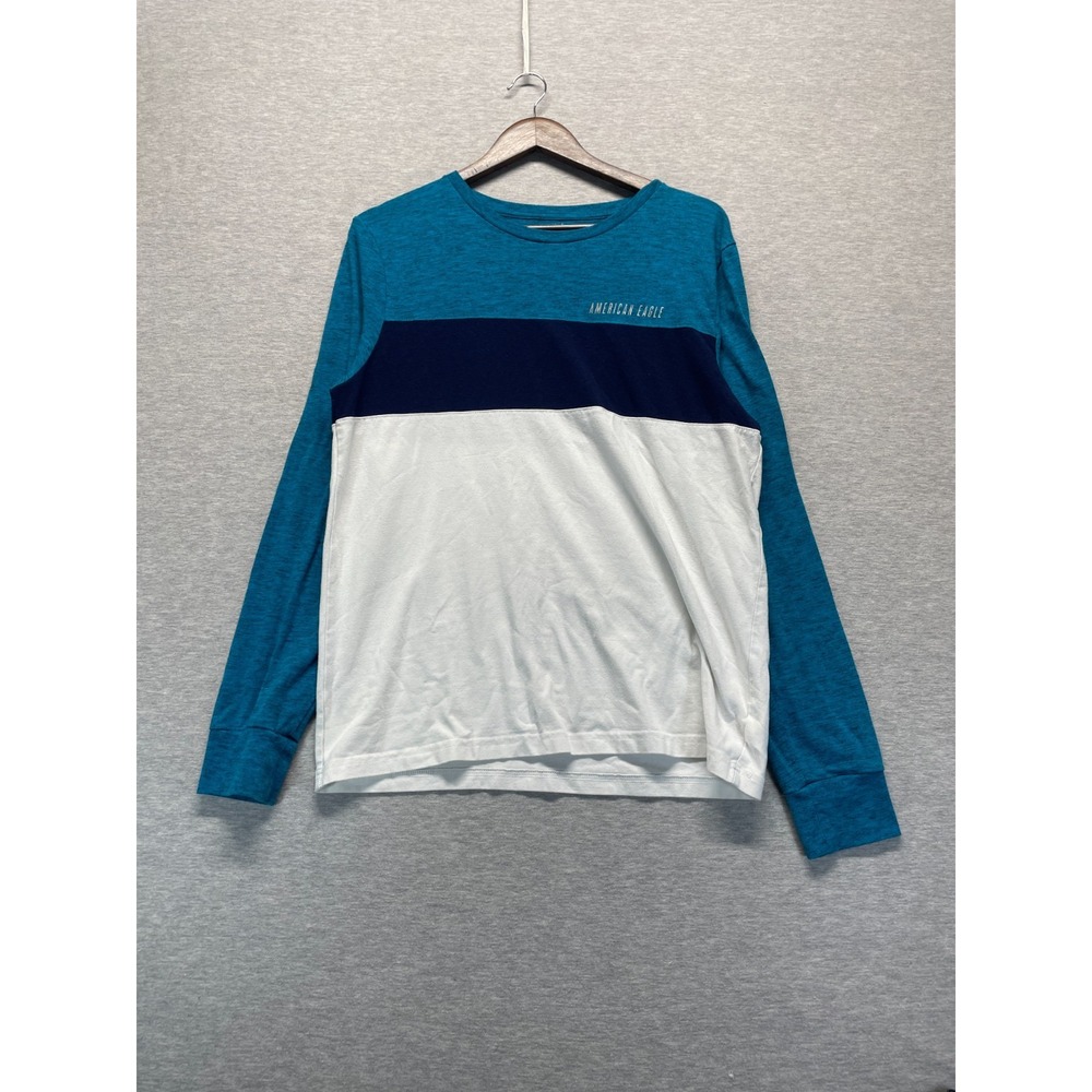 American Eagle Outfitters Shirt Mens Medium Blue White Colorblock Logo Crew Neck